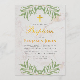 Dop Foliage Falskt Guld Kors Kalligrafi Marmor Inbjudningar