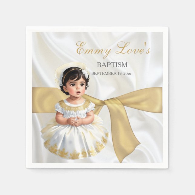 Dop för babyflicka i vitt och guld pappersservett (Framsidan)