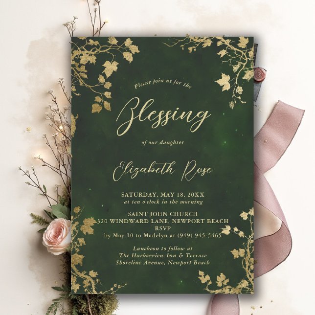 Dop Förättelse Förtrollad Trädgård Sagogrön Inbjudningar (baptism invitation christening enchanted forest garden botanical greenery hunter green gold)