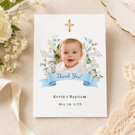 Dop foto blå vita blommor pojke tack kort