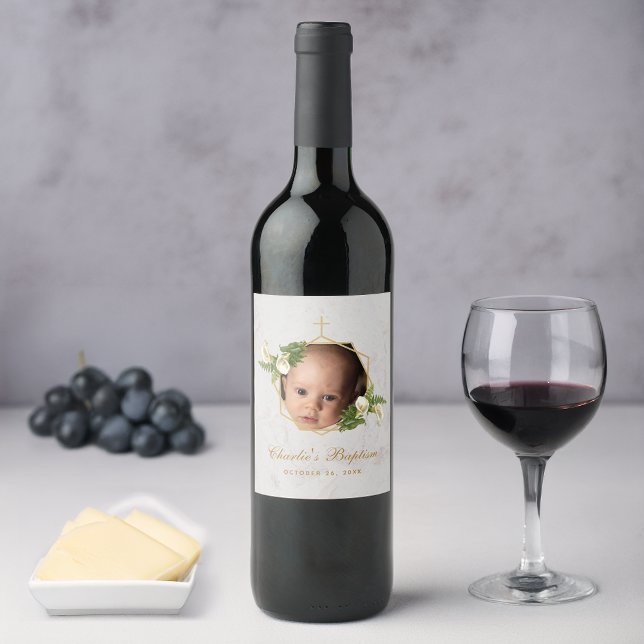 Dop Foto Blommor Calla Liljor Guld Marmor Vinflaska Etikett (Skapare uppladdad)