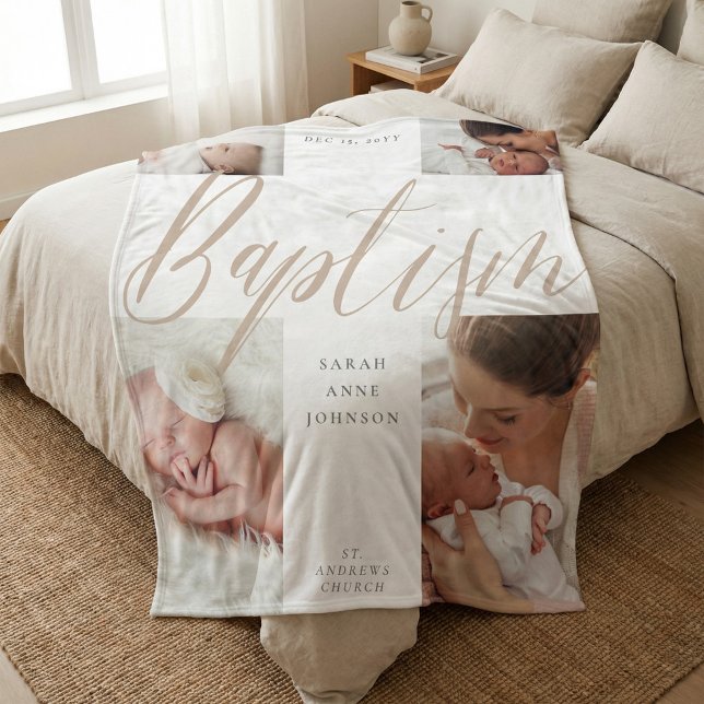 Dop Guld Kalligrafi Foto Collage Minnessak Fleecefilt (Baptism Gold Calligraphy Photo Collage Keepsake Fleece Blanket)