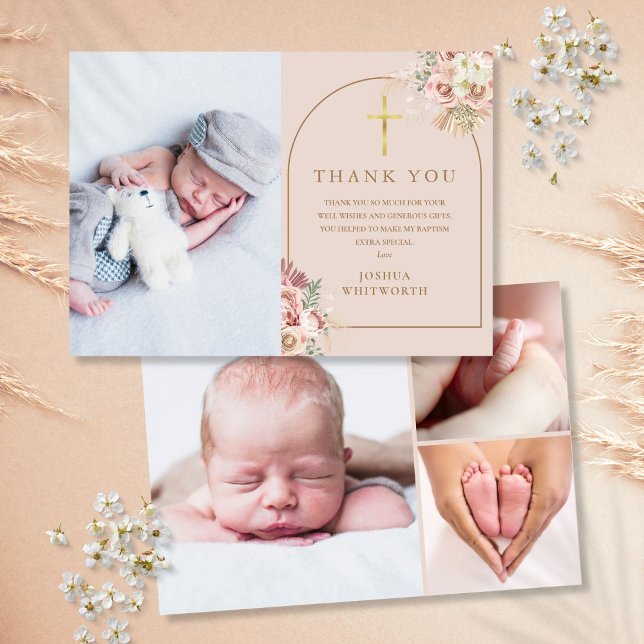 Dop Guld Pampasgräs Fotocollage Tack Kort (Baptism Gold Pampas Grass Photo Collage Thank You Card)