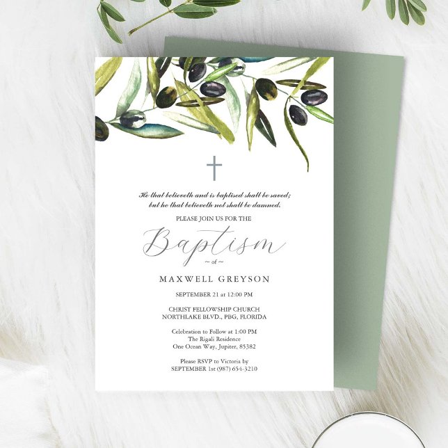 Dop inbjudan religiös olivkvist  (Baptism invitations feature watercolor olive branches by Victoria Grigaliunas of Do Tell A Belle)