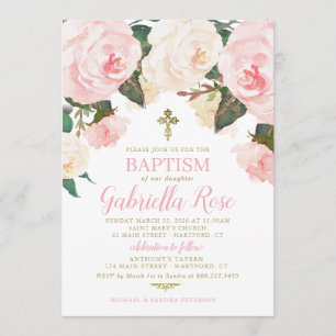 Dop Invitation   Rosa Blommor Guld Inbjudningar
