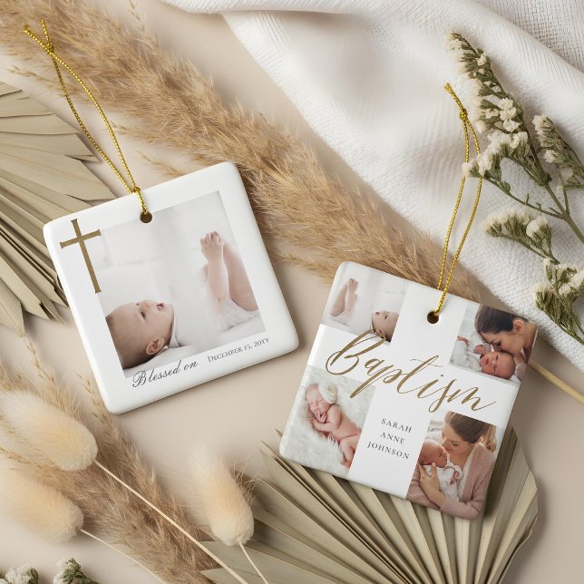 Dop Kalligrafi Foto Collage Baby Sakerhet Julgransprydnad Keramik (Baptism Calligraphy Photo Collage Baby Keepsake Ceramic Ornament)
