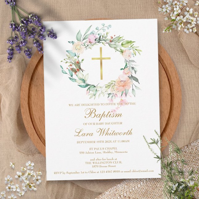 Dop Kristet dop Skogsblomma Krans Inbjudningar (Baptism Christening Woodland Floral Garland Invitation)