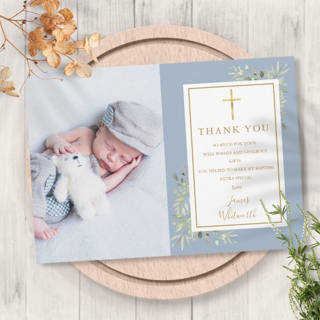 Dop Kristet Namn Grönska Foto Blå Pojke Tack Kort (Baptism Christening Greenery Photo Blue Boy Thank You Card)