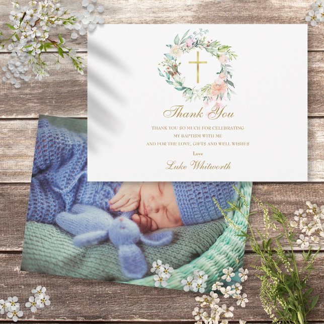 Dop Kristna Rosor Blommig Foto Guld Tack Kort (Baptism Christening Roses Floral Photo Gold Thank You Card)