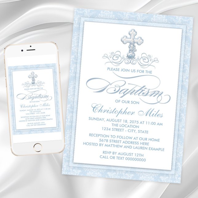 Dop med Blå Damaskkors Inbjudningar (Blue damask baptism invitation with fancy script and pearl cross. For Instant download and print.)
