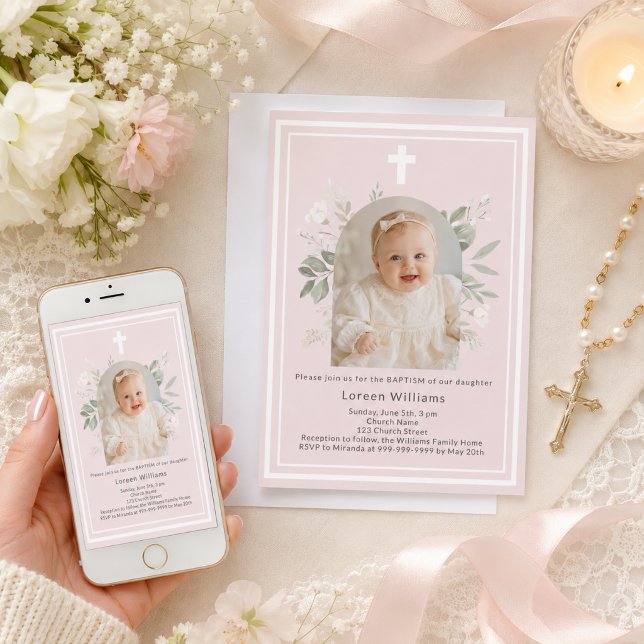 Dop mjuk rosa foto vita blommor båge flicka inbjudningar (Skapare uppladdad)