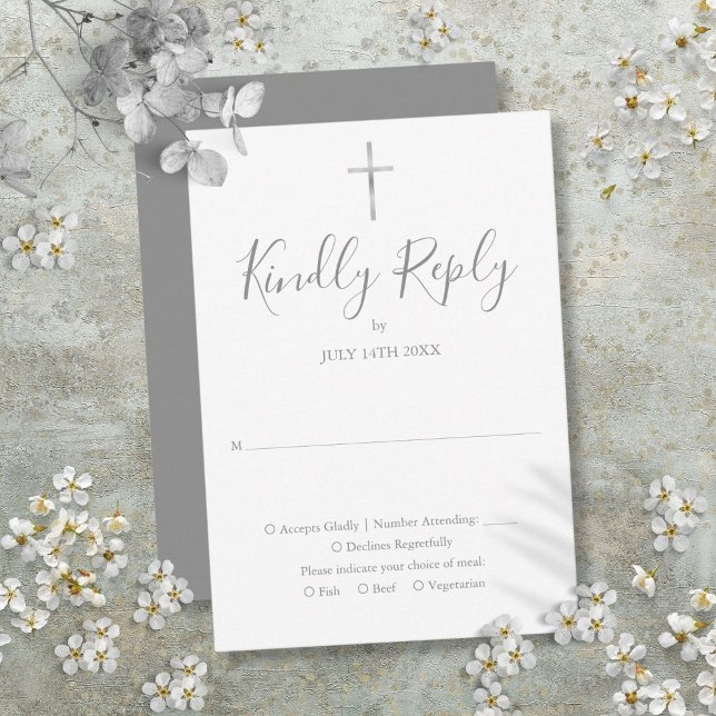 Dop Namndop Första Nattvarden Silver OSA Kort (Baptism Christening First Holy Communion Silver RSVP Card)
