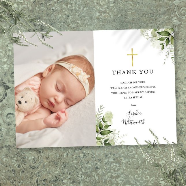 Dop Namngivning Rustik Grönska Foto Tack Kort (Baptism Christening Rustic Greenery Photo Thank You Card)