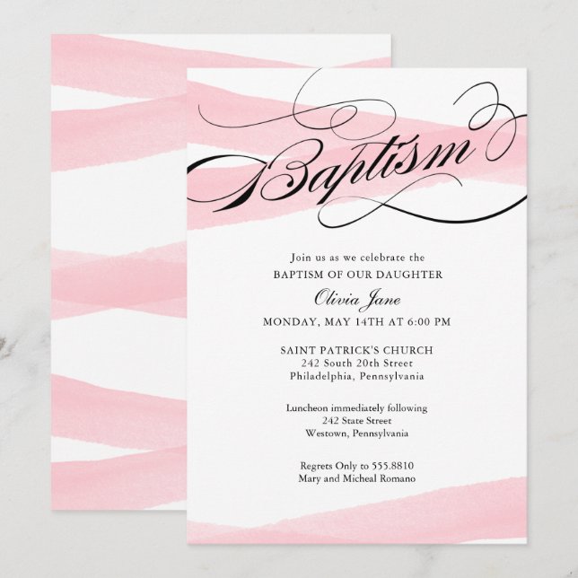 Dop, Rosa Modern Watercolor-inbjudan Inbjudningar (Fram/baksida)