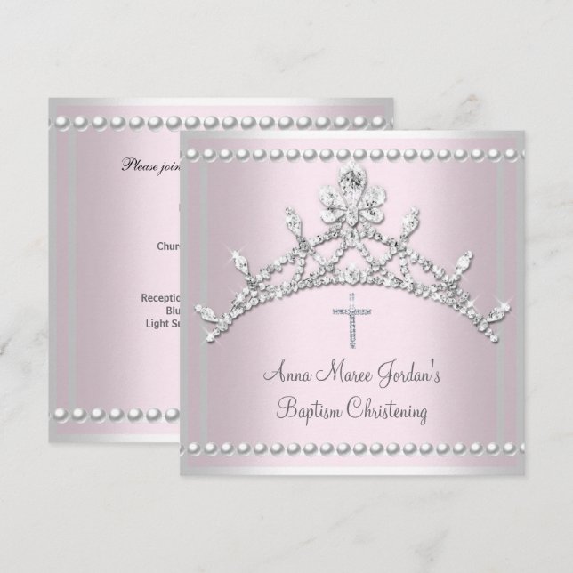 Dop Rosa Tiara Silver Vit Pärla Diamant Inbjudningar (Fram/baksida)