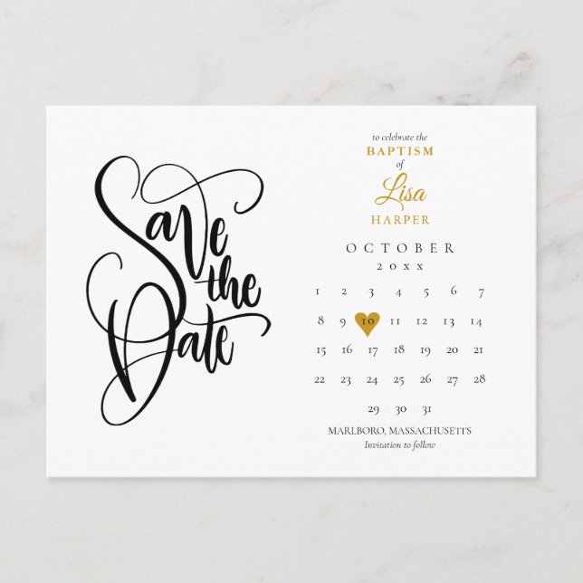 Dop Save the Date Kalender Guldhjärta Meddelande Vykort (Framsida)