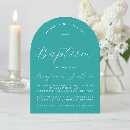 Dop Teal Båge Kors och Skript Pojke Dopceremoni Inbjudningar