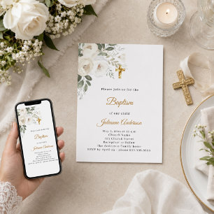 Dop vita blommor guld kors neutral inbjudningar