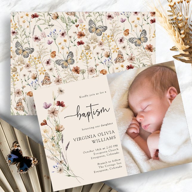Dop Wildflower Foto Inbjudningar (Baptism Boho Wildflower Photo Invitation by Painted Paperie
)