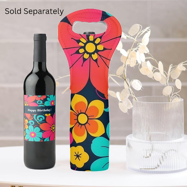 Dopamin Design - Ljusa Funky Flowers-Retro Vinflaska Etikett (Dopamine Design– Bright Funky Flowers-Retro Wine Label)