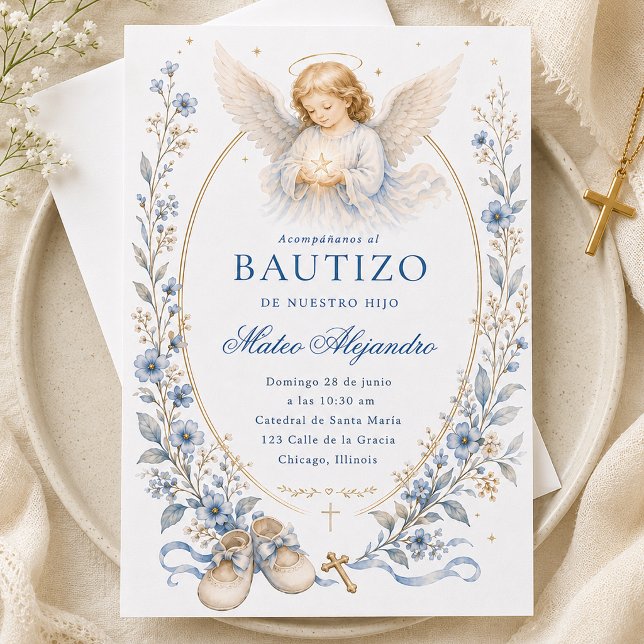 Dopängel Blå Akvarell Blommig  Inbjudningar (Blue Watercolor Angel Baptism Invitation | Elegant Christening Theme)