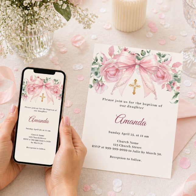 Dopbåge Rosa Elfenbensblommor Flickkors Inbjudningar (Skapare uppladdad)