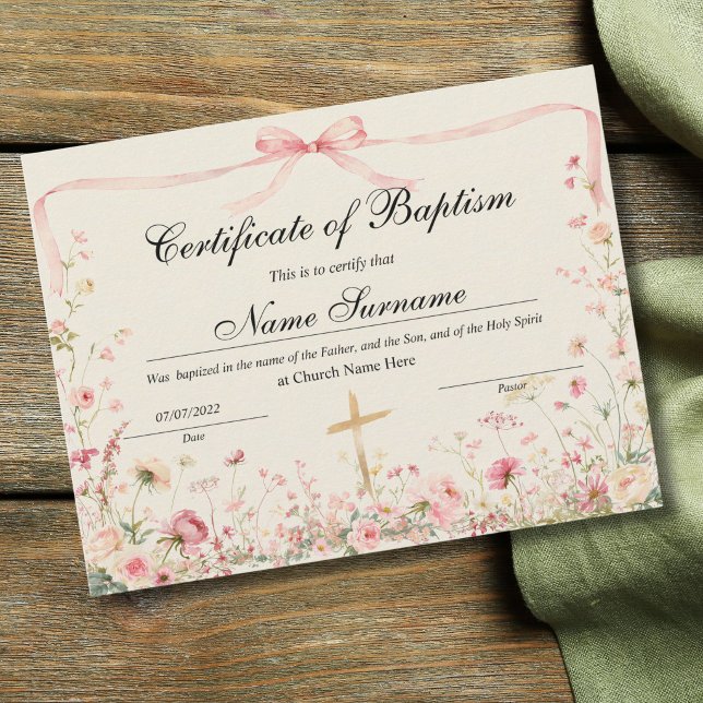 Dopbevis, barnedop (Certificate of Baptism, Baby Dedication for girls with a pink watercolor bow and meadow flowers)