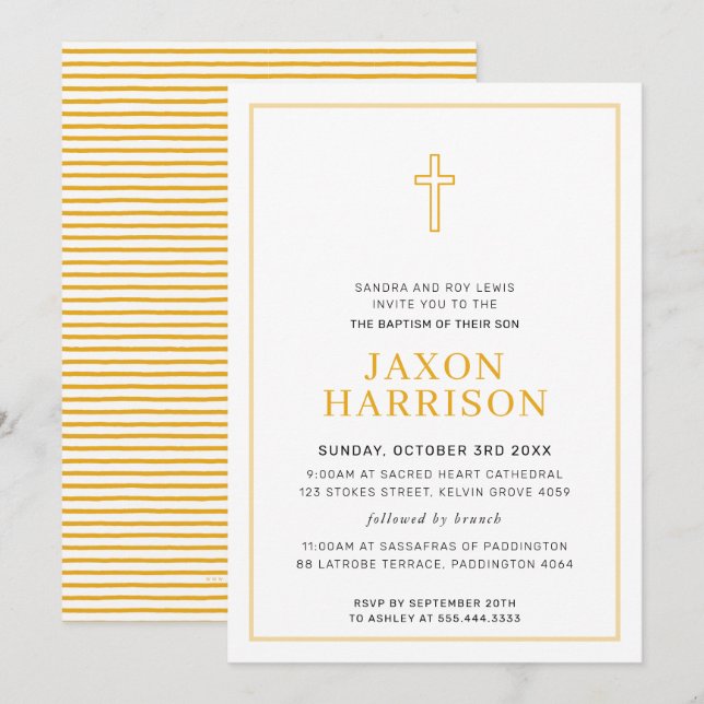 DOPBILD modern minimal kors enkel gul Inbjudningar (Fram/baksida)