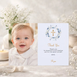 Dopblå blomsterfoto pojke guldkors tack kort