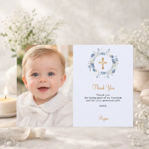 Dopblå blomsterfoto pojke guldkors tack kort