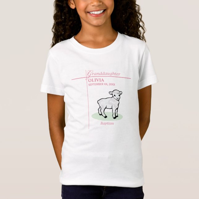 Dopdotter Dopning Rosa Flicka Lamm Namn och Datum T Shirt (Framsida)