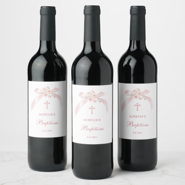 Dopfest med rosa blomsterbåge vinflaska etikett (Flaskor)