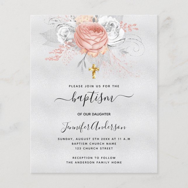 Dopfest silver rosa guld flicka budget inbjudan (Framsida)