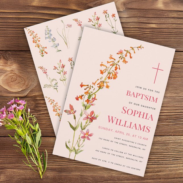 Dopflicka Rosa Blommig Akvarell Vilda Blommor Inbjudningar (Skapare uppladdad)