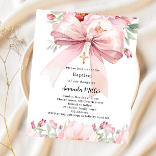 Dopinvitation för flicka med rosa rosett och blomm