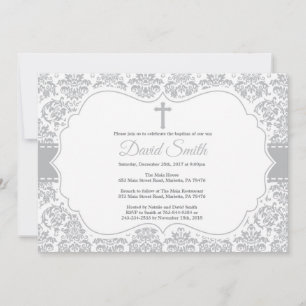 Dopinvitation Grå Damask Inbjudningar