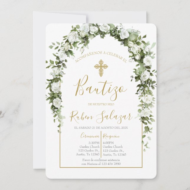 Dopinvitation med båge och vita blommor inbjudningar (Framsida)
