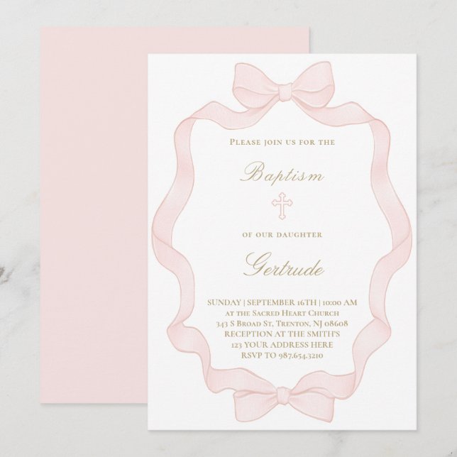 dopinvitation med rosa band inbjudningar (Fram/baksida)