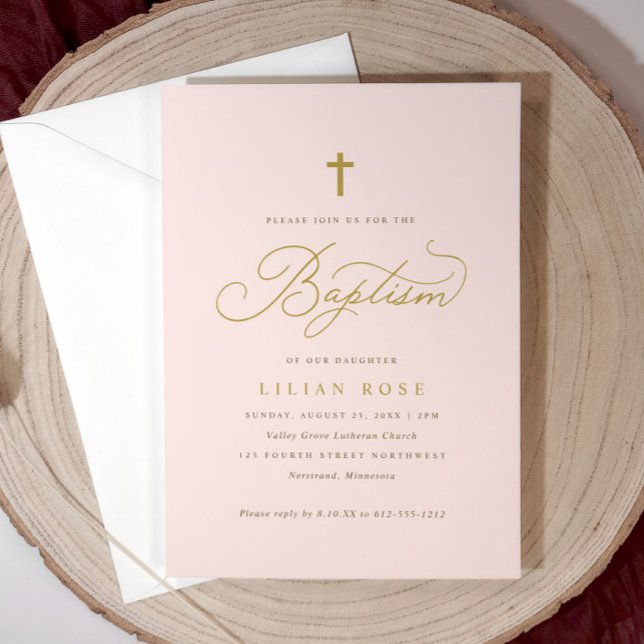 Dopinvitationer med kors - Rosa dotter flicka Inbjudningar (Light pink girl’s baptism invitation with gold script and cross—elegant and personalized.)