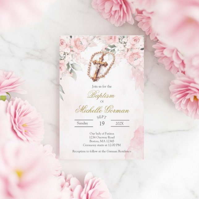 Dopkort med rosa blommor och krucifix inbjudningar (Skapare uppladdad)
