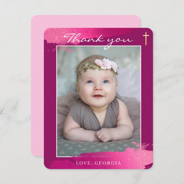 DOPNAMN TACK guld foliekors mörkrosa Inbjudningar (Fram/baksida)