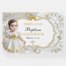 Dopning av babyflicka i vitt och guld kors gästböcker