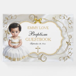 Dopning av babyflicka i vitt och guld kors gästböcker