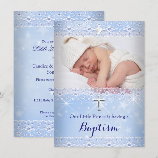Dopning Babbyfoto av Pojke Blå Spets Inbjudningar (Fram/baksida)