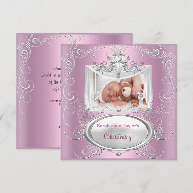 Dopning Dop Baby Flicka Silver Rosa Kors Inbjudningar (Fram/baksida)