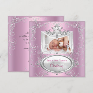 Dopning Dop Baby Flicka Silver Rosa Kors Inbjudningar