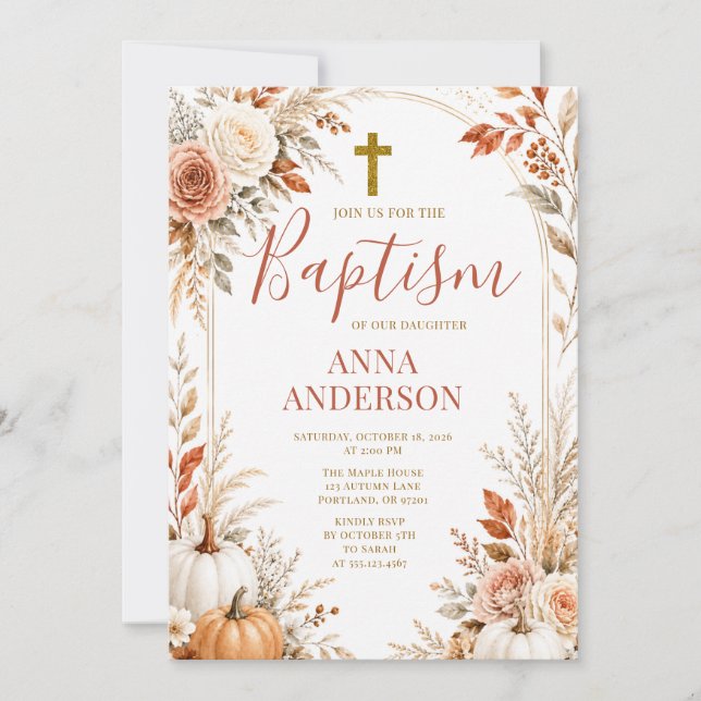 Dopning Dop Pumpa Höst Blommig Kors Inbjudningar (Framsida)