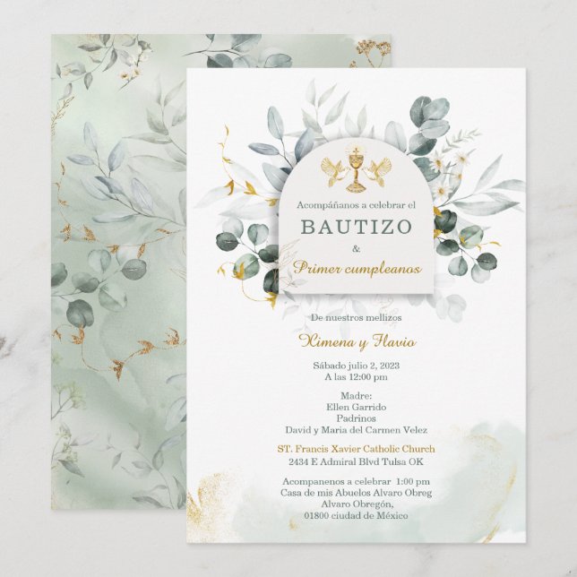 Dopning och första födelsedagen för tvillingar inbjudningar (Fram/baksida)