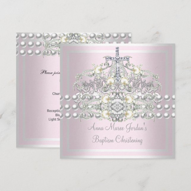 Dopning Rosa Tiara Silver Vit Pärla Diamant Inbjudningar (Fram/baksida)