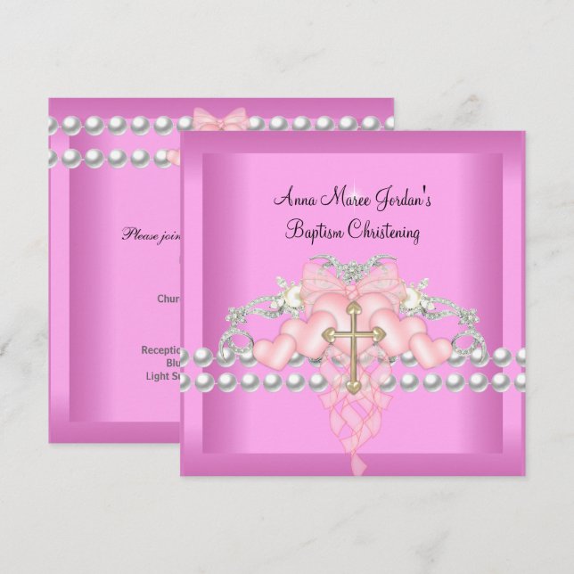 Dopning Rosa Tiara Silver Vit Pärla Diamant Inbjudningar (Fram/baksida)